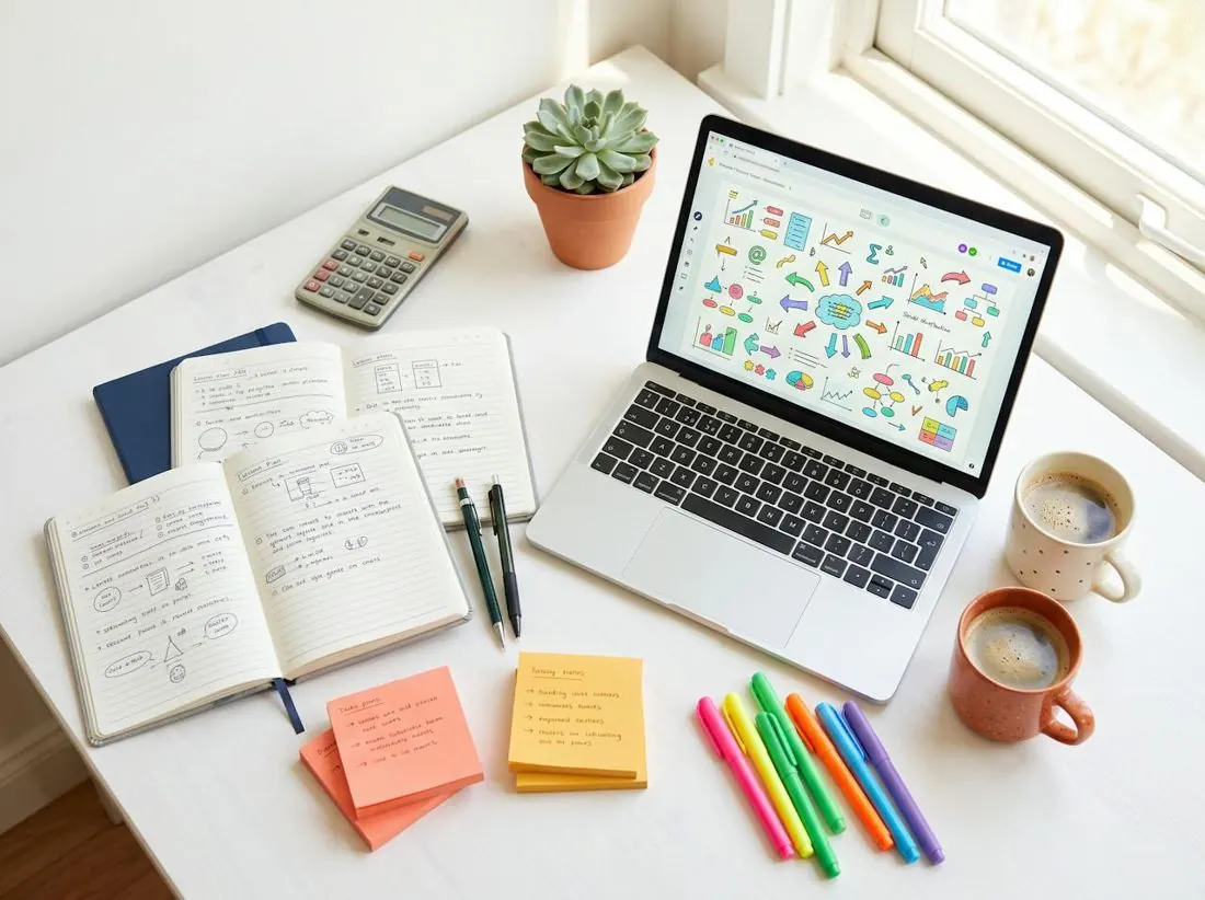 A bright desk with lesson plans, sticky notes and a laptop showing a digital whiteboard