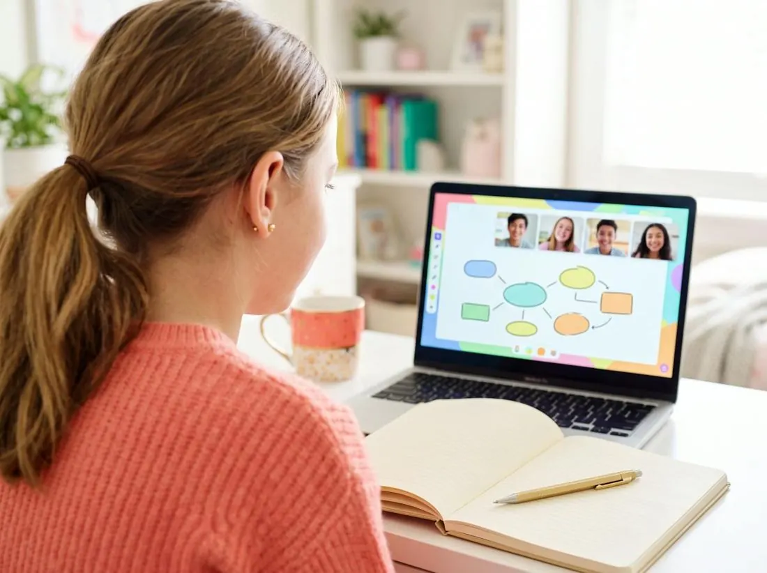 An online small-group lesson with a shared digital whiteboard