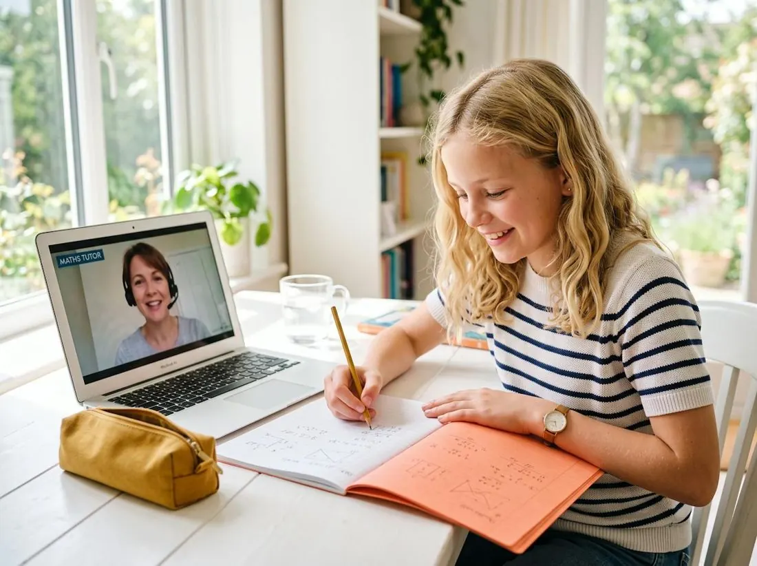 A student working through a maths problem with her tutor in a 1-to-1 online lesson