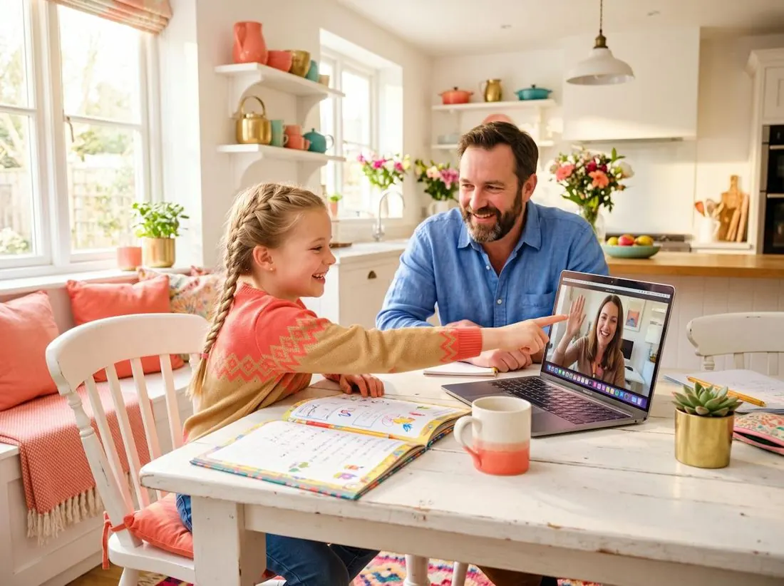 A primary-school child high-fiving her tutor on screen at the end of an online lesson, with her dad beside her