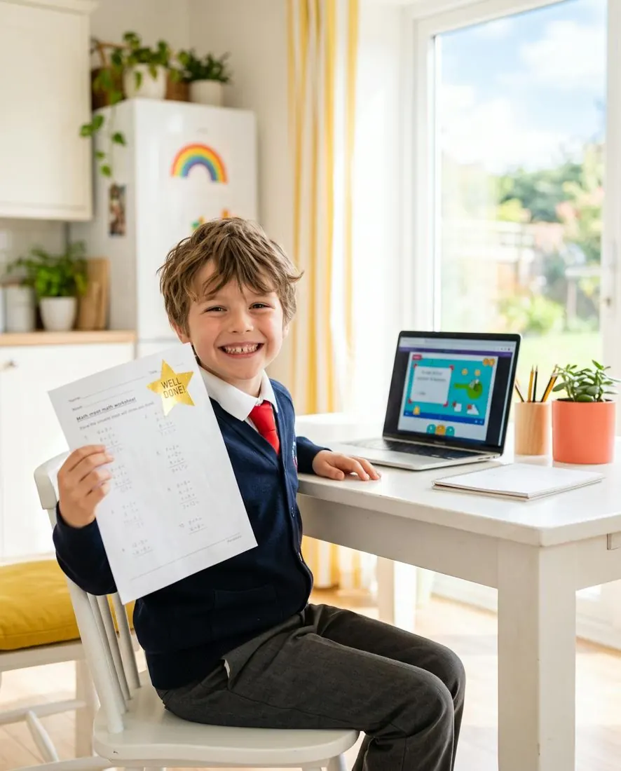 A primary-school boy proudly holding up a worksheet with a gold star