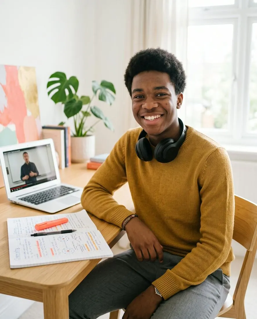 A smiling sixth-form student at his desk after an online lesson