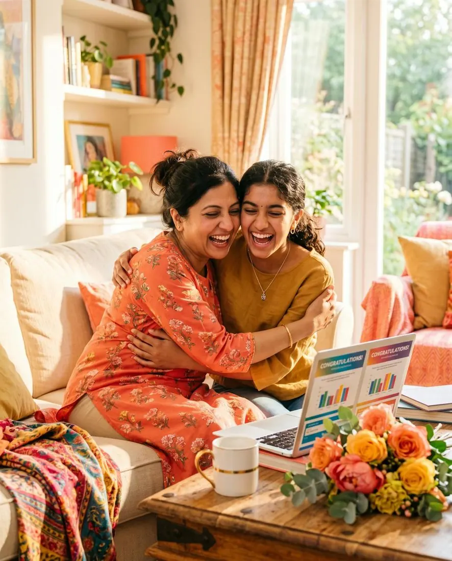 A mother and daughter hugging as they celebrate exam results